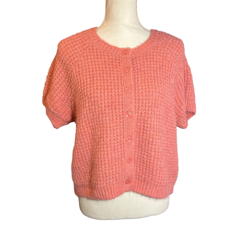 Pink Rose Grandmacore Coral Pink Waffle Knit Short Sleeve Button Front Cardigan